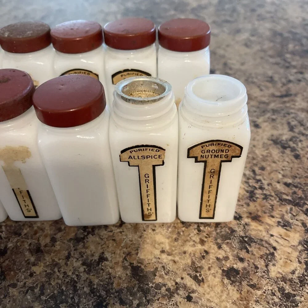 12 Vintage Griffith Milk Glass Spice Jar Set Lot Red Caps Art Deco Retro Labels
